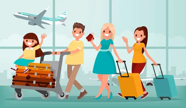 Šťastná rodina v letištním terminálu. Vektorové ilustrace v ploché styl — Stockový vektor