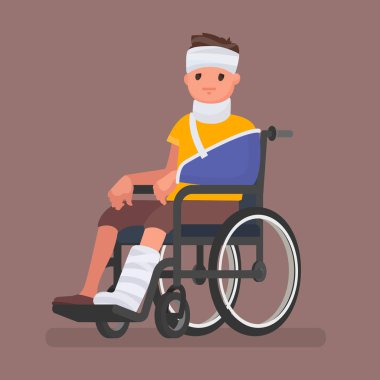 Yaralanmalar ve alçı ile hasta bir adam tekerlekli sandalyede oturuyor. Vektör çizim