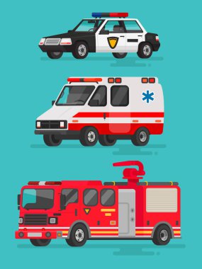 Acil durum araçları kümesi. Polis Araba, ambulans ve itfaiye kamyonu