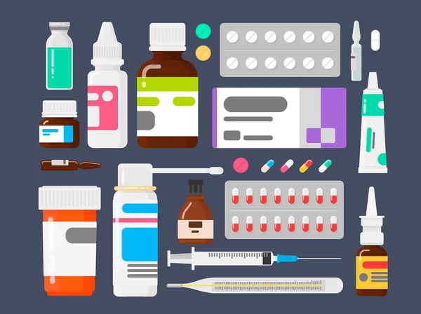 Conjunto de medicamentos. Medios de enfermedades. Comprimidos un termómetro, una jeringa y ampollas — Archivo Imágenes Vectoriales