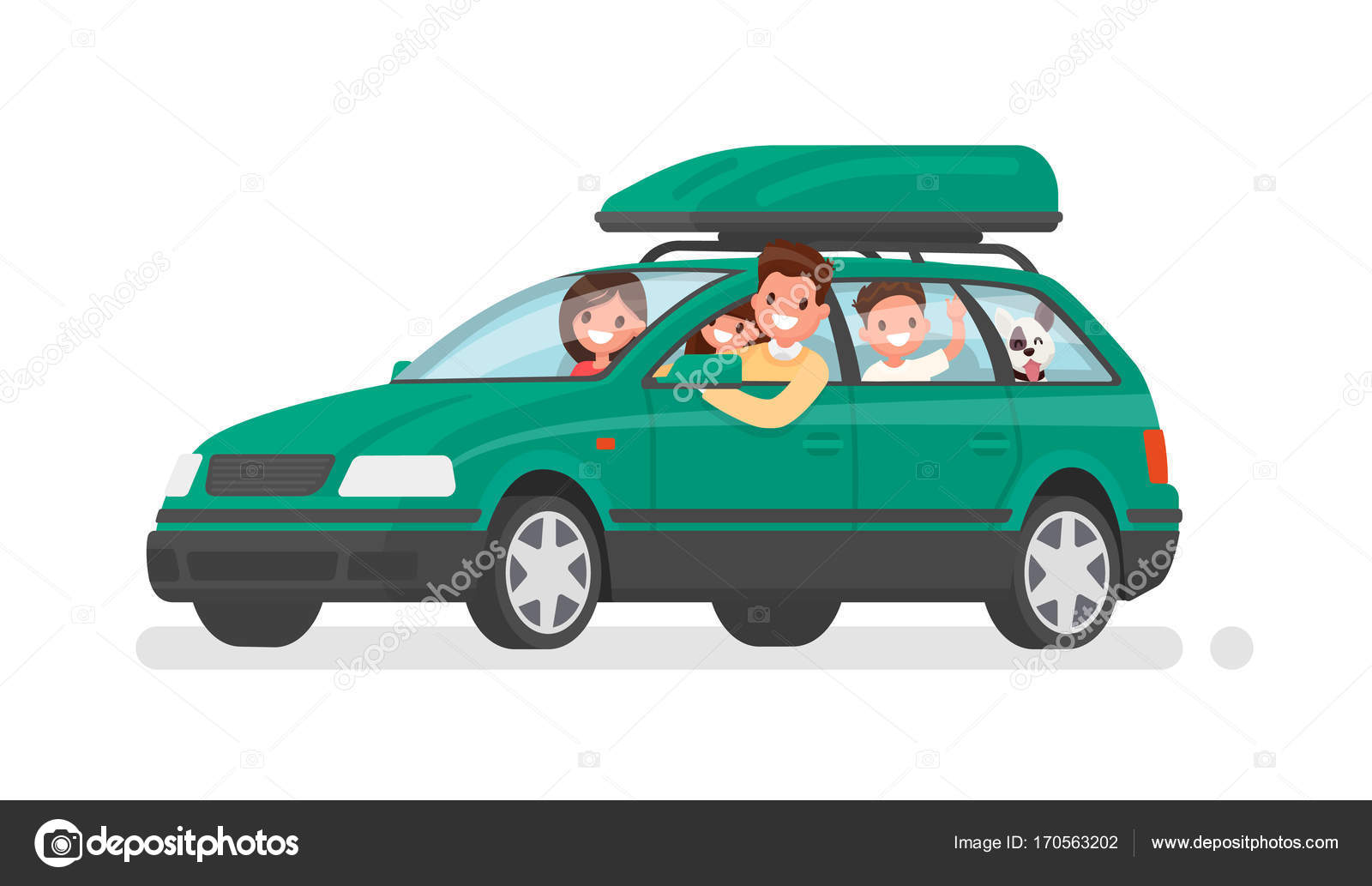 Glückliche Familie fährt mit dem Auto in den Urlaub. Vater ...