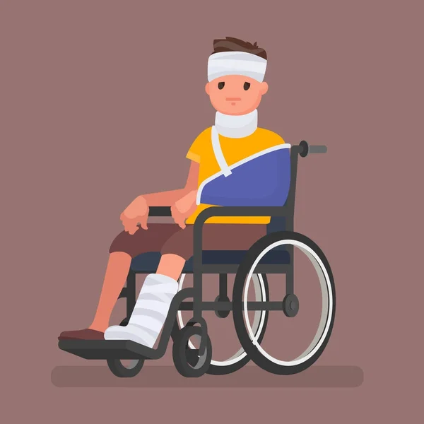 Un homme malade avec des blessures et du gypse est assis dans un fauteuil roulant. Illustration vectorielle — Image vectorielle