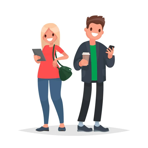 Dois jovens com engenhocas. Um homem com um telefone e uma mulher com um tablet. Ilustração vetorial —  Vetores de Stock