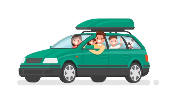 Gelukkige familie gaat op vakantie met de auto. Vader, moeder, zoon, dochter en hond gaan op een reis. Vectorillustratie — Stockvector