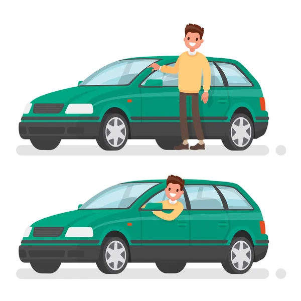 Hombre y coche. Un comprador feliz de un vehículo nuevo. Ilustración vectorial en un estilo plano — Archivo Imágenes Vectoriales