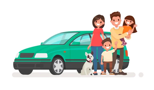 Keluarga bahagia dengan mobil dengan latar belakang putih. Ilustrasi vektor - Stok Vektor
