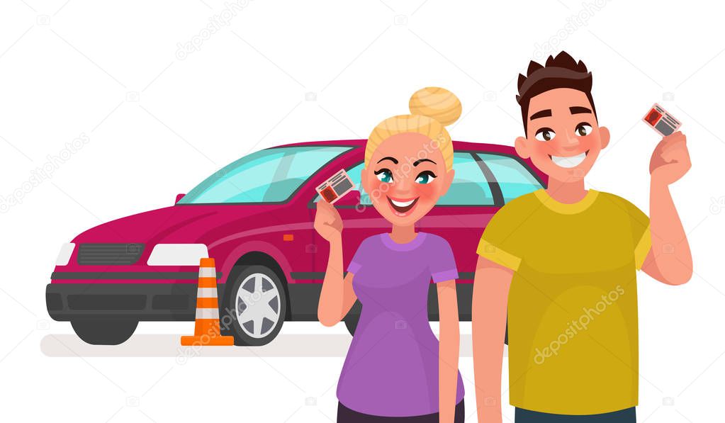 Driving school. Students with a driving license and a training car. Vector illustration