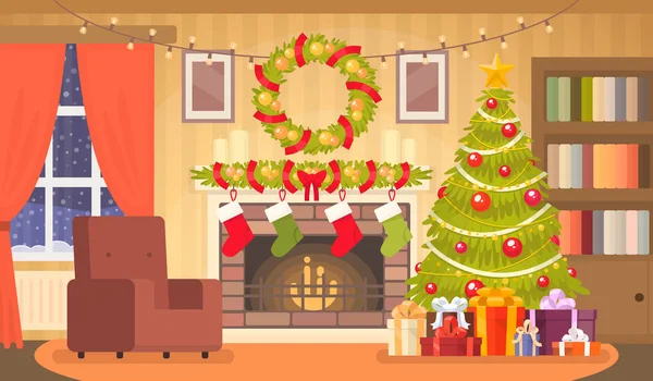 Interior de la sala de estar con un árbol de Navidad, regalos y una chimenea. Ilustración vectorial — Vector de stock