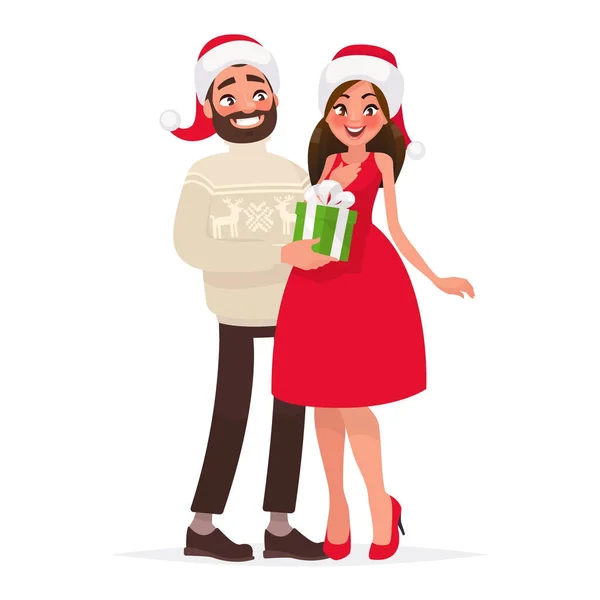 Man gives a woman a gift for Christmas. Vector illustration in cartoon style — Stock Vector