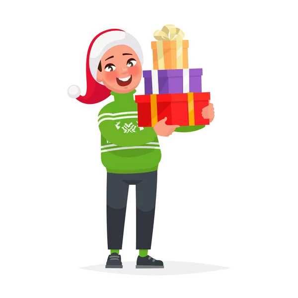 Glücklicher Junge mit Weihnachtsmütze und einem Geschenk für den Urlaub. Vektorillustration im Cartoon-Stil — Stockvektor
