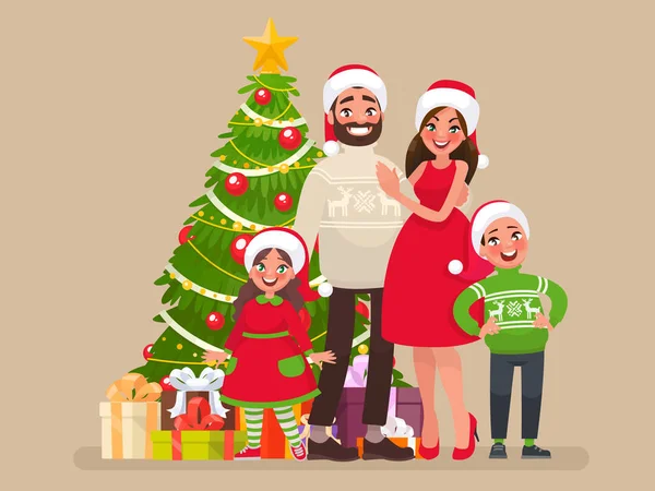 Vrolijk kerstfeest en een gelukkig nieuwjaar. Familie en kerstboom met geschenken — Stockvector