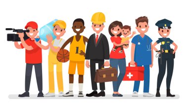 Farklı mesleklerden insanlar kümesi. Mühendis, Dadı, sporcu, kameraman, yükleyici, ambulans, polis kadın