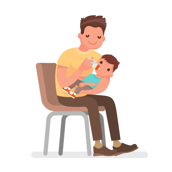 El padre alimenta al bebé con leche del biberón. Ilustración vectorial en un estilo plano / Padre alimenta al bebé con leche del biberón. Ilustración vectorial en un estilo plano — Archivo Imágenes Vectoriales