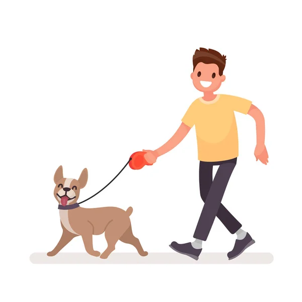 El hombre camina con un perro. Ilustración vectorial en un estilo plano — Vector de stock