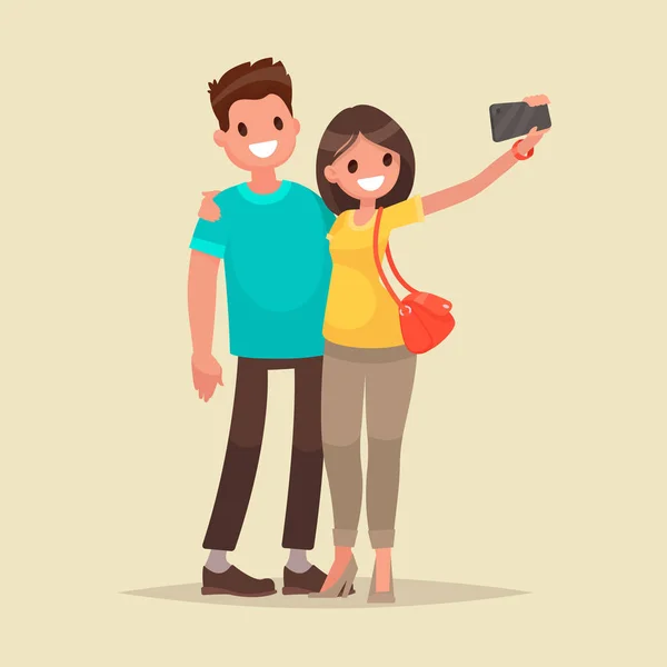 Gelukkige paar zijn nemen selfie. Man en vrouw zijn samen gefotografeerd. Vectorillustratie — Stockvector