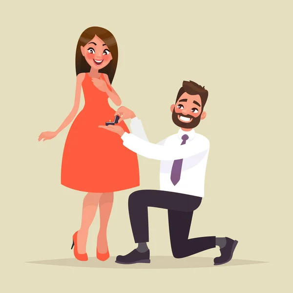 An offer of marriage. Man proposes a woman to marry him and gives an engagement ring — Stock Vector