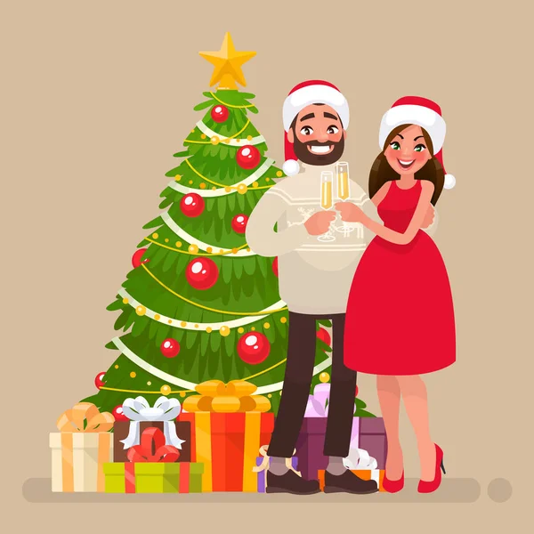 Feliz Navidad y un feliz año nuevo. Familia joven en el árbol de Navidad — Vector de stock