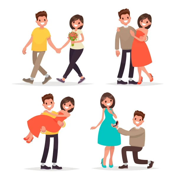 Set of a loving couple man and woman. Walk, a declaration of love and hugs. Vector illustration — Stock Vector
