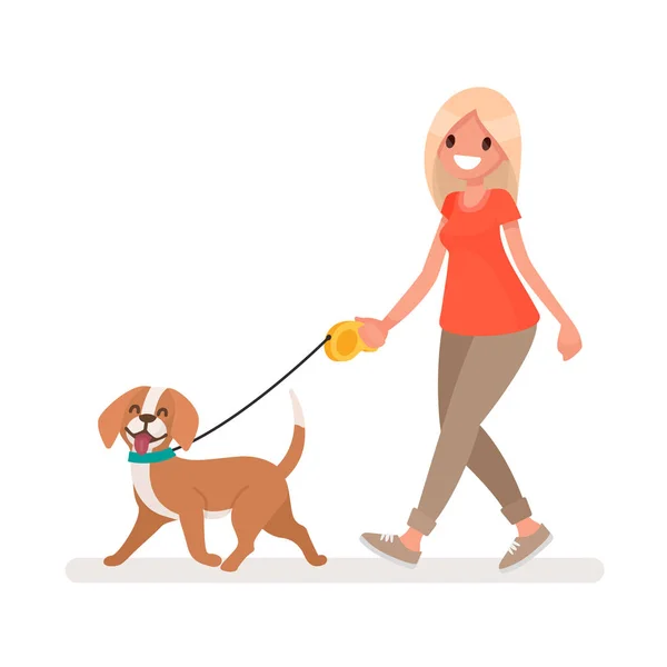 Una donna cammina con un cane. Illustrazione vettoriale in stile piatto — Vettoriale Stock