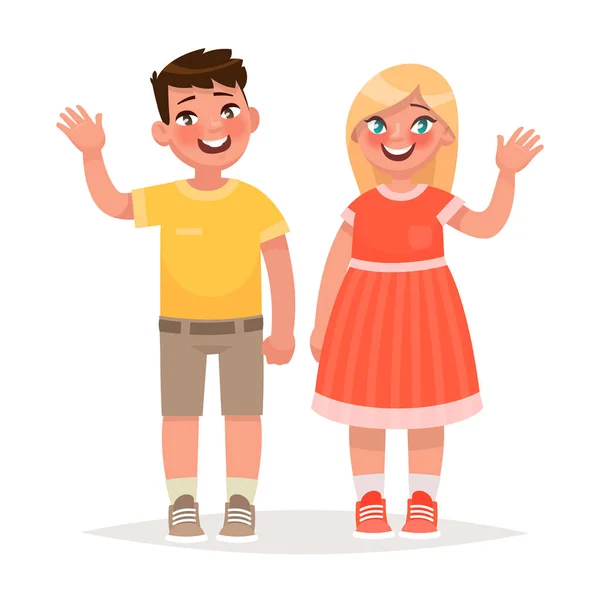 Boy and girl are waving hands. Vector illustration in cartoon style — Stock Vector