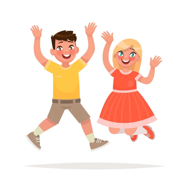 幸せな男の子と女の子をジャンプしています。幸せなイベントです。漫画のスタイルのベクトル図 — ストックベクタ