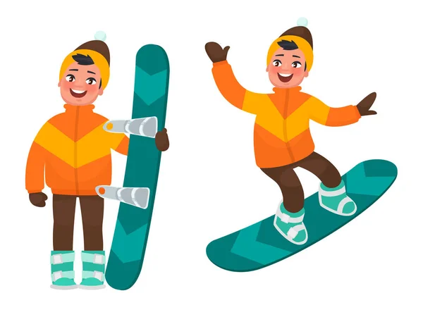 Descanso activo en invierno. El chico está haciendo snowboard. Ilustración vectorial en estilo de dibujos animados — Vector de stock