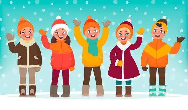 Happy children are waving their hands against the background of the winter landscape — Stock Vector