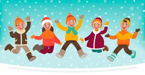Šťastné děti, skákání na zimní pozadí. Vektorové ilustrace v karikatuře stylu — Stockový vektor
