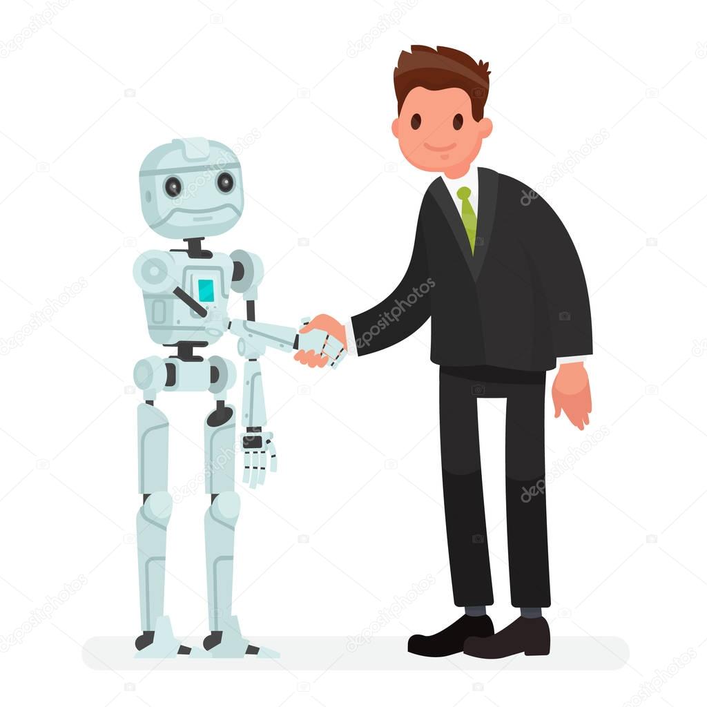 Handshake of man and robot. The concept of partnership between humanity and robotic technology and artificial intelligence