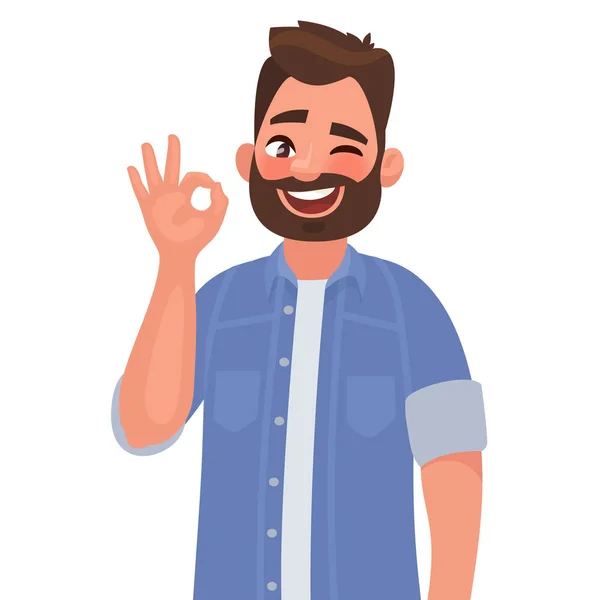 L'homme montre un geste OK, ok. Illustration vectorielle dans le style dessin animé — Image vectorielle