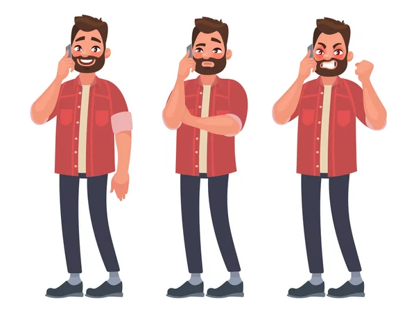 O homem está a falar ao telefone com emoções diferentes. Alegre, atenciosa, zangada. Ilustração vetorial —  Vetores de Stock