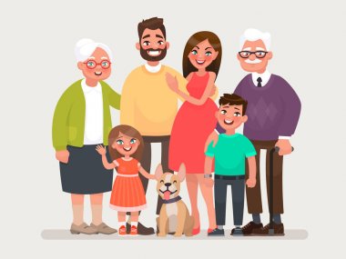 Mutlu bir aile. Baba, anne, büyükanne, büyükbaba ve çocuk ile bir evde beslenen hayvan. Vektör çizim