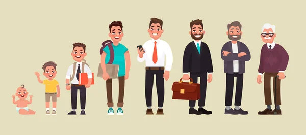 Farklı yaşlarda bir adam karakteri. Bir bebek, çocuk, genç, Yetişkin, yaşlı bir kişi. Yaşam döngüsü