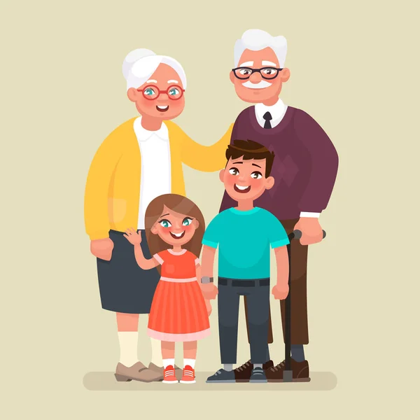 Prarodiče s vnoučaty. Vektorové ilustrace v karikatuře stylu — Stockový vektor