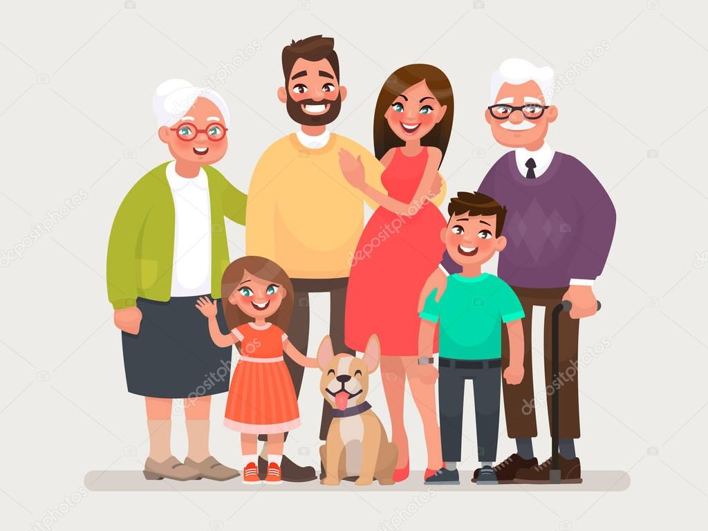 Happy family. Father, mother, grandmother, grandfather and children with a pet. Vector illustration