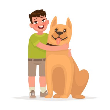 Sevimli çocuk beyaz bir arka plan üzerinde bir köpek sarılma. Dostluk. Vektör çizim karikatür tarzı