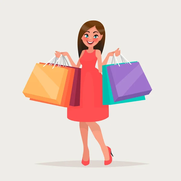 Una mujer está de compras. La chica de los paquetes. A la moda. Ilustración vectorial en estilo de dibujos animados — Archivo Imágenes Vectoriales