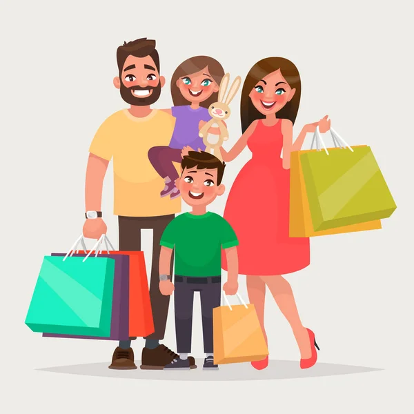 La familia feliz está de compras. Padre, madre e hijos con paquetes y compras. Ilustración vectorial — Archivo Imágenes Vectoriales