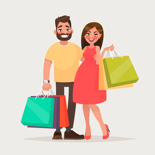 Couple of young people shopping. Man and woman with packages. Vector illustration of a cartoon style — Stock Vector