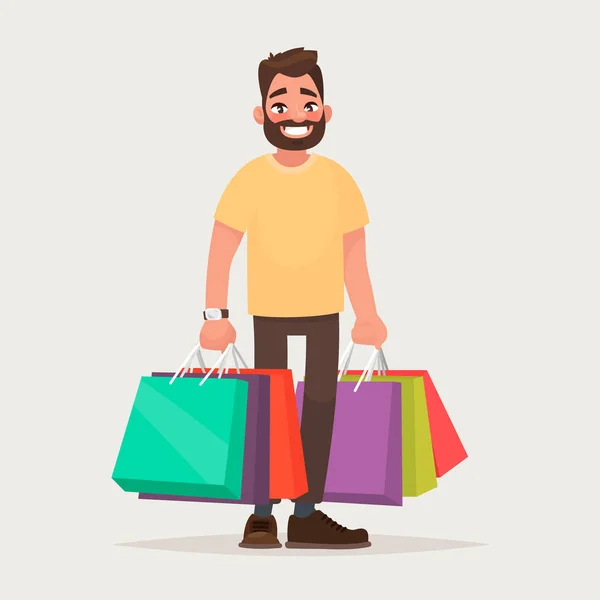 The man is shopping. The guy with the packages. Vector illustration in cartoon style — Stock Vector