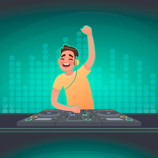 DJ legt Musik am Plattenteller auf. eine Party in einem Nachtclub. Vektorillustration im Cartoon-Stil — Stockvektor