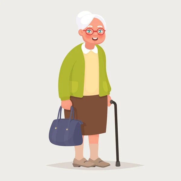 Nenek memakai kacamata. Seorang wanita tua dengan tas dan tongkat di tangannya. Ilustrasi vektor - Stok Vektor