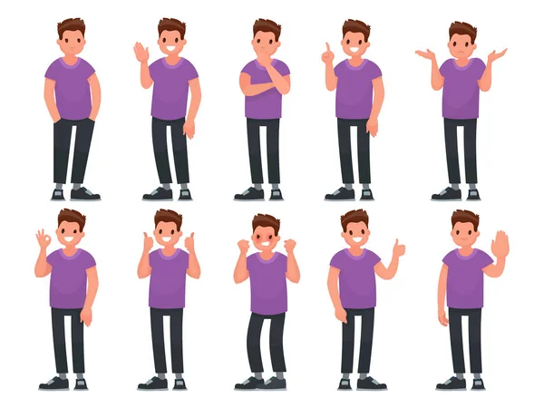 Set di personaggi maschili con gesti ed emozioni diverse. Illustrazione vettoriale in stile piatto — Vettoriale Stock