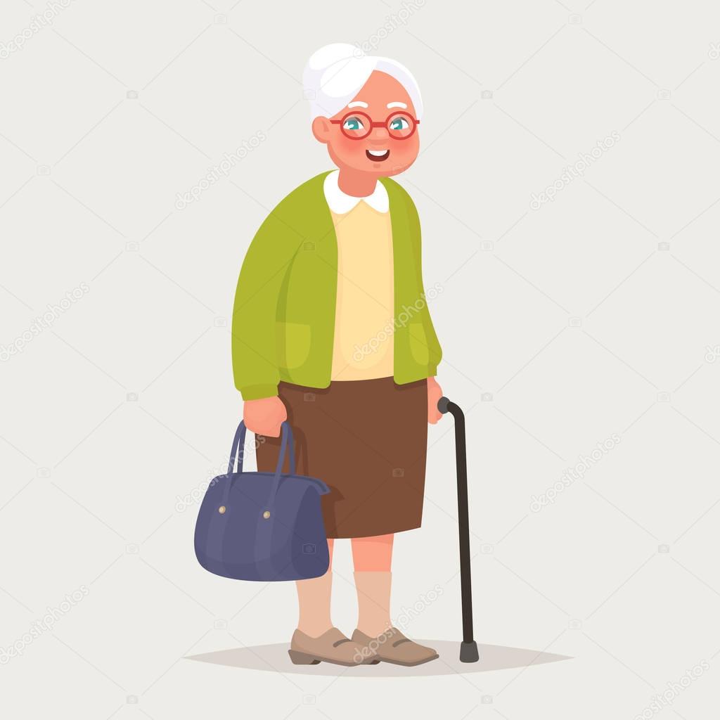 Grandmother wearing glasses. An elderly woman with a bag and a cane in her hands. Vector illustration