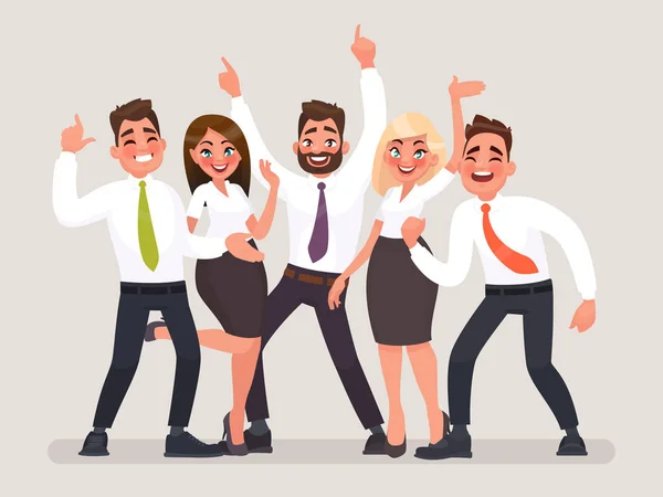 Equipa de negócios de sucesso. Um grupo de trabalhadores de escritório felizes celebrando a vitória. Pessoas com as mãos no ar — Vetor de Stock