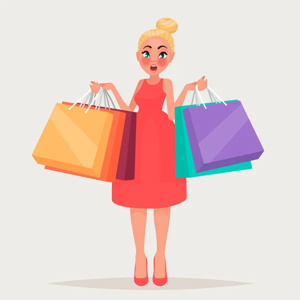 Chica rubia sorprendida con paquetes. Mujer de compras. Ilustración vectorial en estilo de dibujos animados — Archivo Imágenes Vectoriales