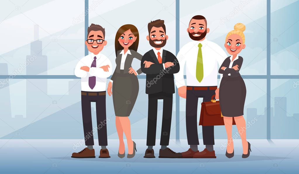 Business team in an office on a city background. Vector illustration in cartoon style