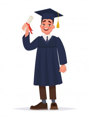 Diploması olan bir mezun. Mantolu adam üniversitedeki eğitimini tamamladı. Çizgi film tarzında vektör illüstrasyonu