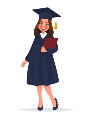 Manto diploması ile mezun kız. Vektör çizim karikatür tarzı