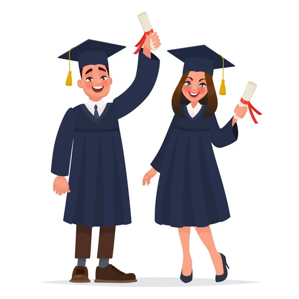 Un paio di laureati con un diploma. Il ragazzo e la ragazza si sono laureati all'università. Illustrazione vettoriale — Vettoriale Stock